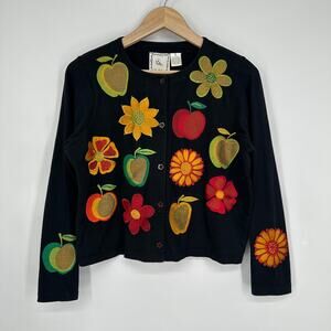 Michael Simon Vintage Embroidered Fruit Floral Cardigan Novelty Print Sweater